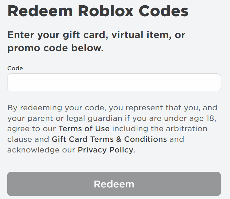 Страница активации кода на сайте Roblox: поле для ввода кода и кнопка Redeem